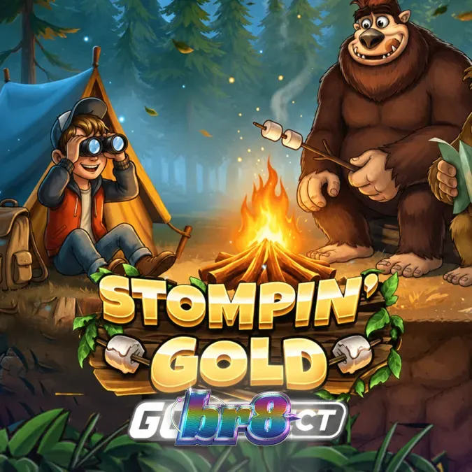 A woodland forest clearing featuring the Stompin' Gold slot interface with Bigfoot characters.