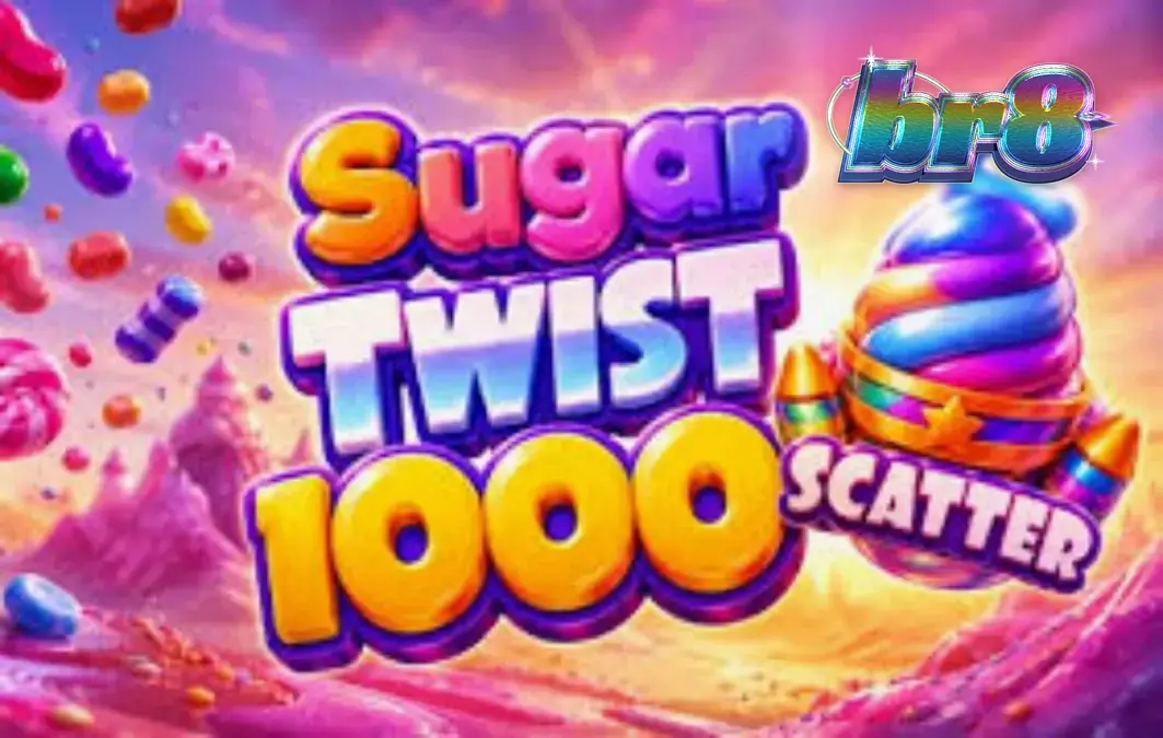 Captura de tela do jogo Sugar Twist 1000, mostrando uma grade 7x7 repleta de símbolos de doces coloridos e vibrantes, com multiplicadores em algumas posições.
